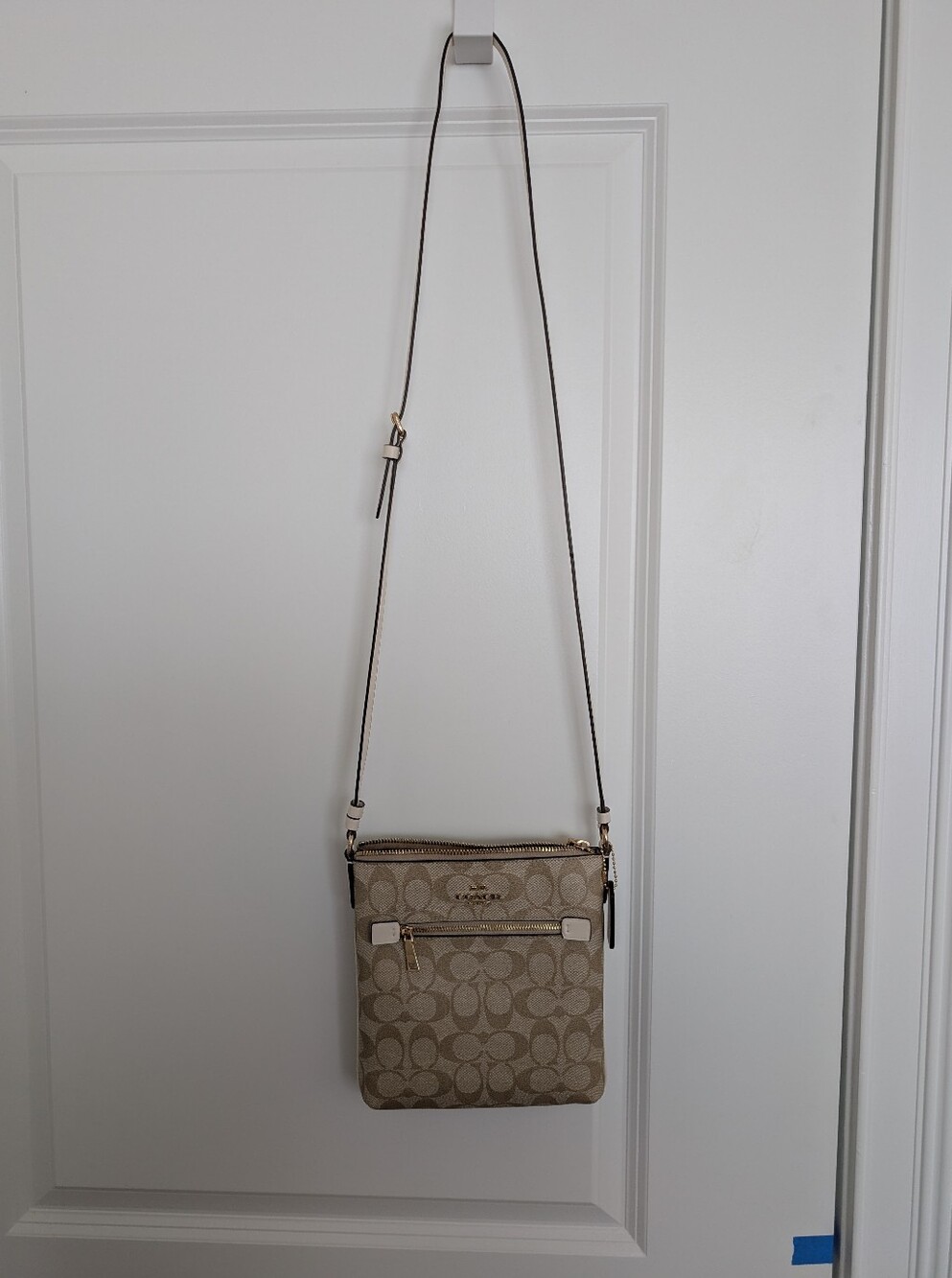 NWT Coach Khaki Signature Mini RWN File Crossbody with Tan Leather Trim